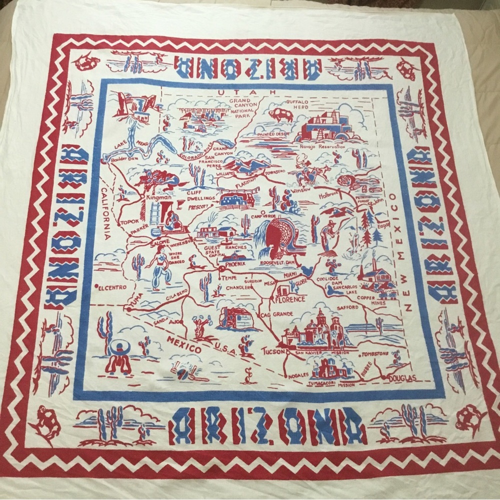 Souvenir Tablecloth of Arizona Map Red Blue 50 x 54.5” STAIN Cactus Buffalo  VTG